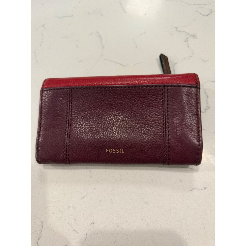 Fossil Women Pebbled Leather Bifold Wallet Burgundy Red Two Tone Zip Pocket